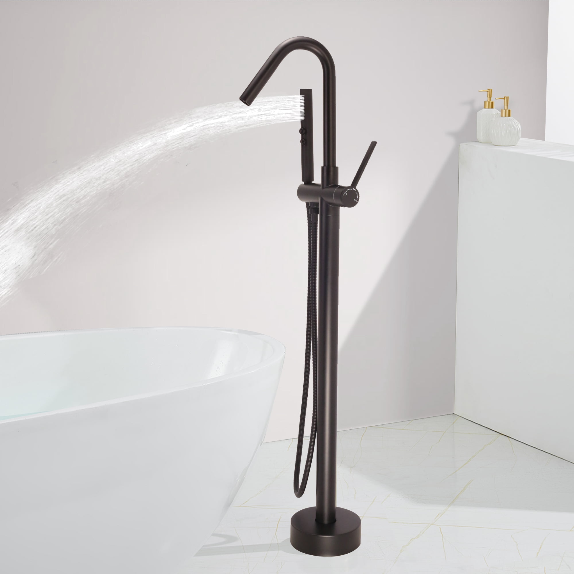SUNRINX Matte Black Freestanding Tub Faucets, Single Handle Free Freestanding Tub Faucet With Brass Two-Function Handshower, Max 6 GPM Floor Mount Bathtub Faucet With 360° Rotating Spout Tub Filler