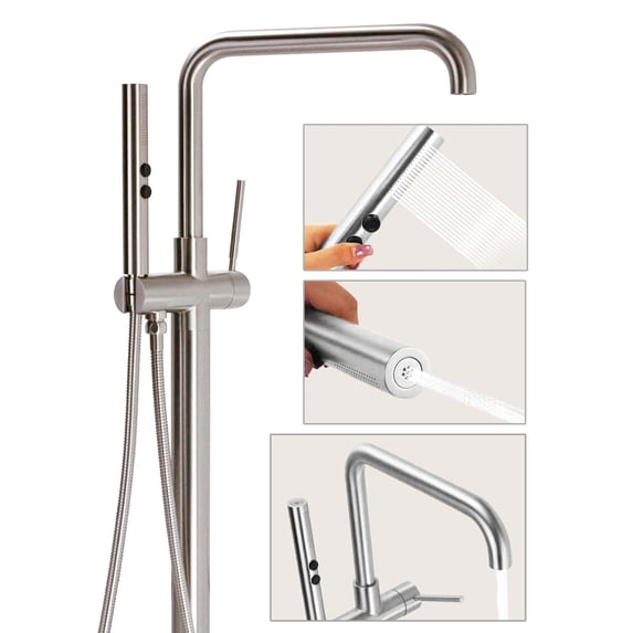 SUNRINX Brushed Nickel Freestanding Tub Faucets, Single Handle Free Freestanding Tub Faucet With Brass Two-Function Handshower, Max 6 GPM Floor Mount Tub Filler With 360° Rotating Spout