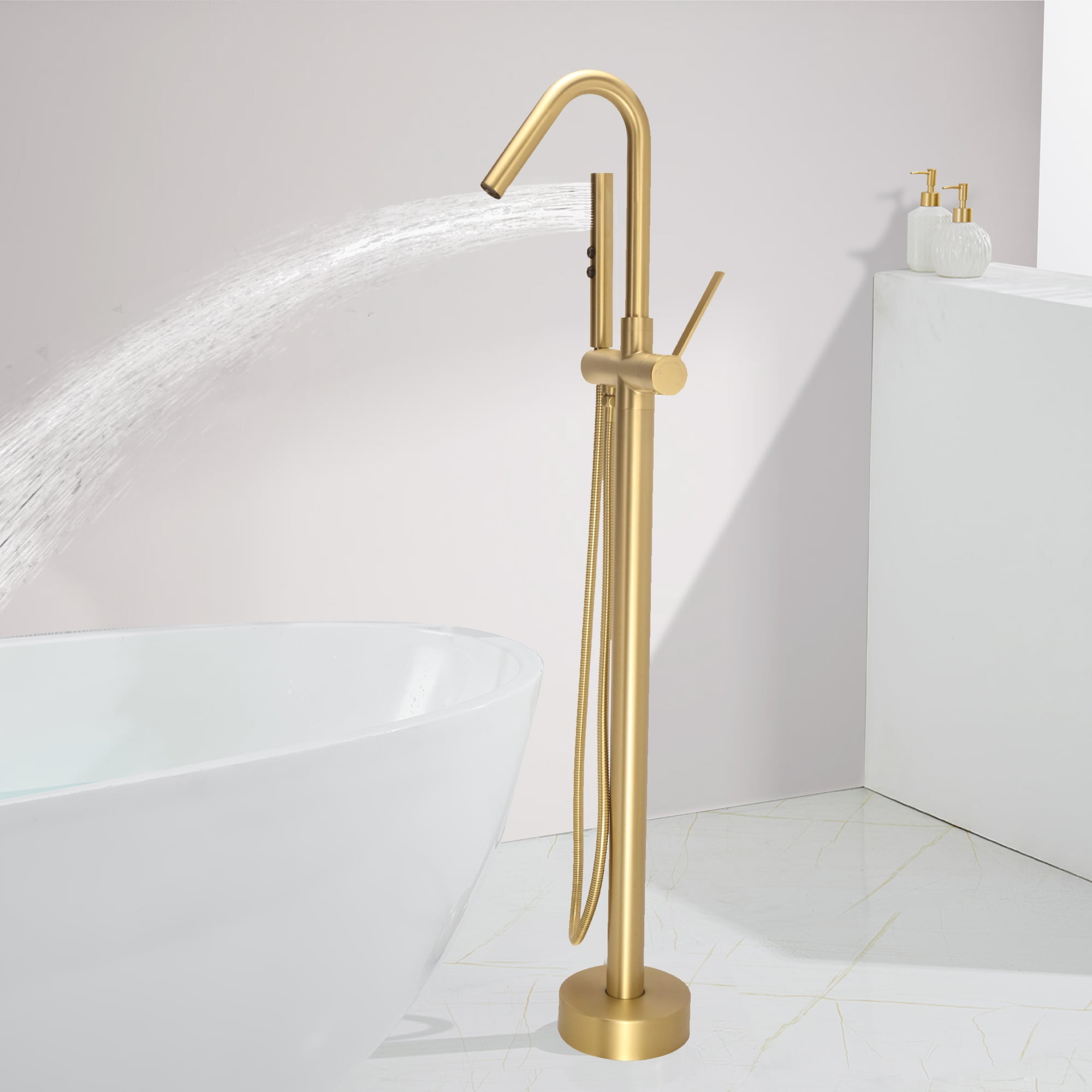 SUNRINX Brushed Brass Freestanding Tub Faucets, Single Handle Free Freestanding Tub Faucet With Brass Two-Function Handshower, Max 6 GPM Floor Mount Bathtub Faucet With 360° Rotating Spout Tub Filler