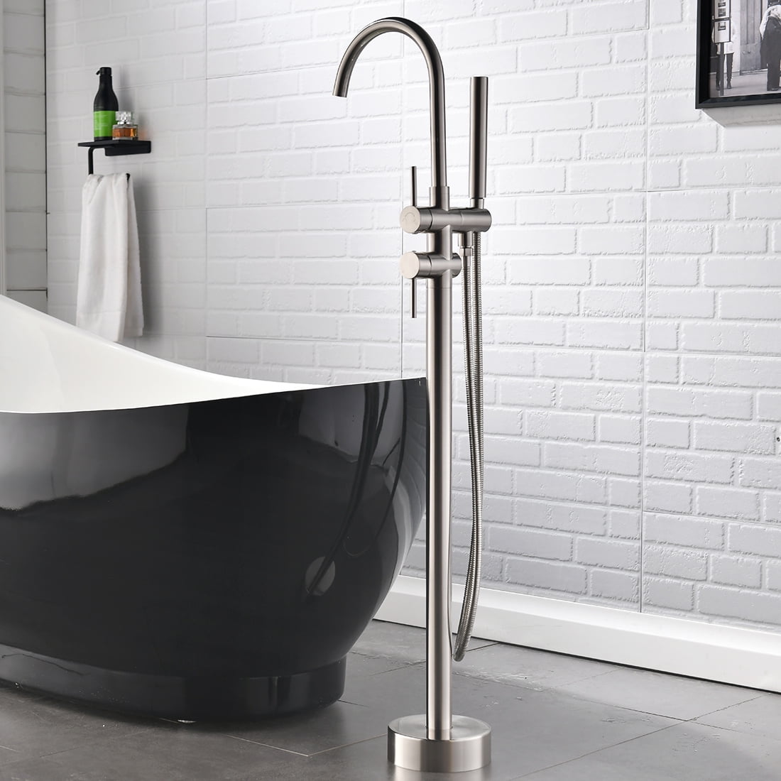 Single Handle Freestanding Tub Filler Floor Mount Bathtub Faucet With Handheld Shower (Brushed Nickel)