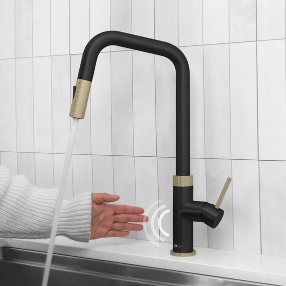 Stylish Single Handle Matte Black with Gold Pull Down Touchless Kitchen Faucet K-150NGM