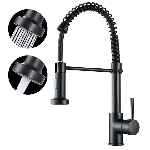 Single-Handle Pull Out Sprayer Coil Spring High-Arc Kitchen Faucet with Deckplate Sink Faucet in Matte Black