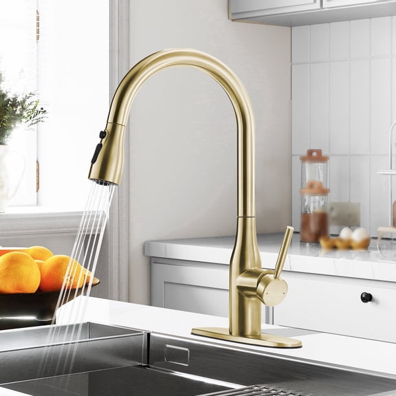 Sunrinx Kitchen Faucet Pull Down Sprayer, 3 Spray Modes, 360° Swivel Stainless Steel Sink Faucet, Brushed Gold