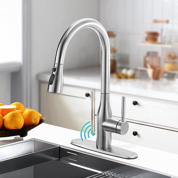 Sunrinx Touchless Kitchen Faucet with Pull Down Sprayer, Brushed Nickel Stainless Steel Faucet, High Arc Single Handle, 3 Spray Modes