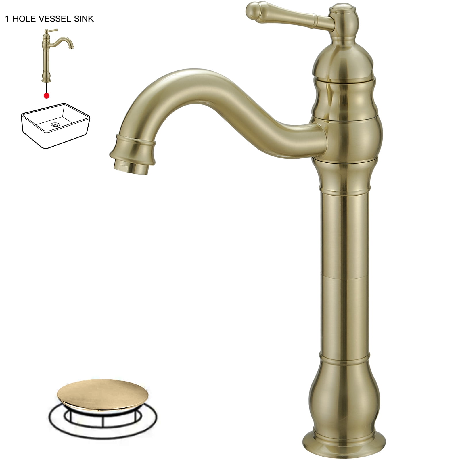 Brushed Gold Single Handle High-Arc Vessel Sink Faucet