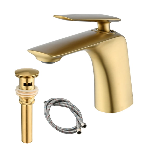 Single Handle Sink Faucet, Bathroom Faucet with Pop Up Drain and Water Supply Hose, Bathroom Sink Faucet 1 Hole for Lavatory, Restroom, Vanity, Brushed Gold