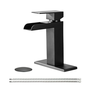 Single Handle Waterfall Bathroom Faucet, Brushed Nickel Bathroom Faucet with Deck Plate and Overflow Pop Up Drain, Solid Faucet 1 or 3 Hole for Lavatory, Restroom, Vanity Rv, Matte Black