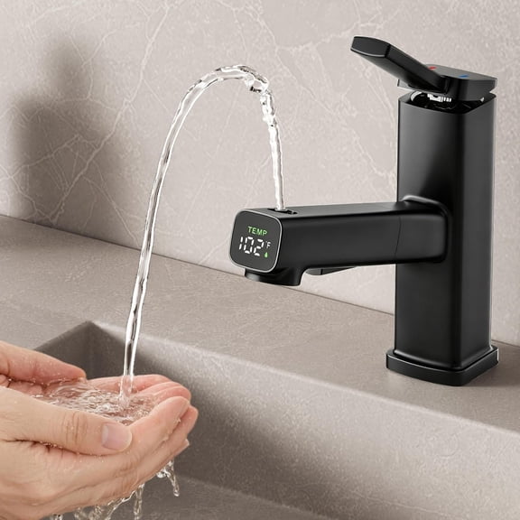 Single Hole Bathroom Faucet with Temperature Display, Pull Out Sprayer, 3 Spray Modes, Retractable Hose, Fountain Mode, Matte Black