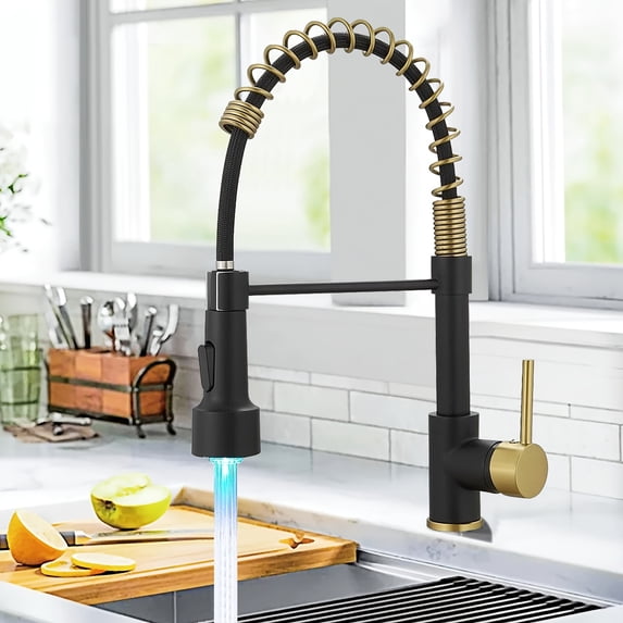 Single Hole Kitchen Faucet with LED Pull Down Sprayer, High Arc Spring Brass Kitchen Tap, Matte Black & Brushed Gold Finish, Single Handle for Bar Sink RV