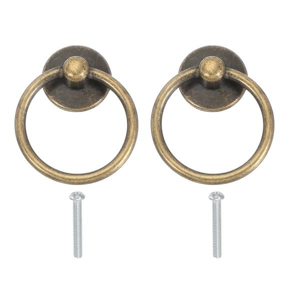 Single Hole Ring Pull 2.13x1.73", 2 Pcs Drawer Handles with Screws for Cabinet, Bronze Tone