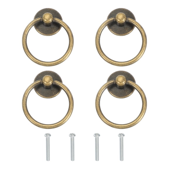 Single Hole Ring Pull 2.13x1.73", 4 Pcs Drawer Handles with Screws for Cabinet, Bronze Tone