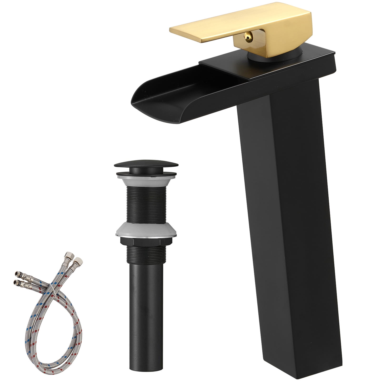 Matte Black and Gold Single Handle Waterfall Vessel Faucet