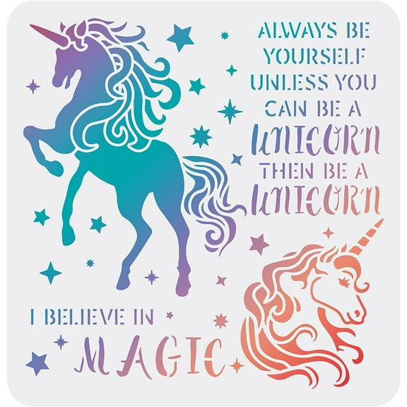 Single Horn Horse Drawing Painting Stencils Templates 11.8x11.8" Fairy Horse Stencils with Word I Believe in Magic Stencils