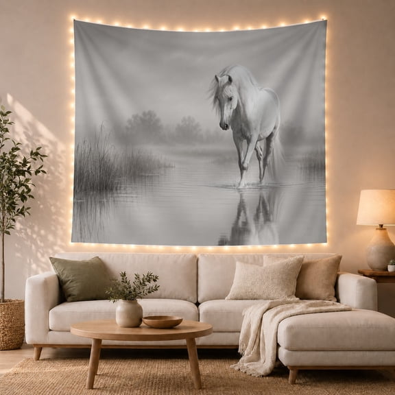 Single Horse Captured with Misty Environment Depicted Walking, Mystical Fantasy for Space Lovers, Galaxy Room Decor, Housewarming Gift, Tapestry Wall Hanging for Bedroom and Dorm