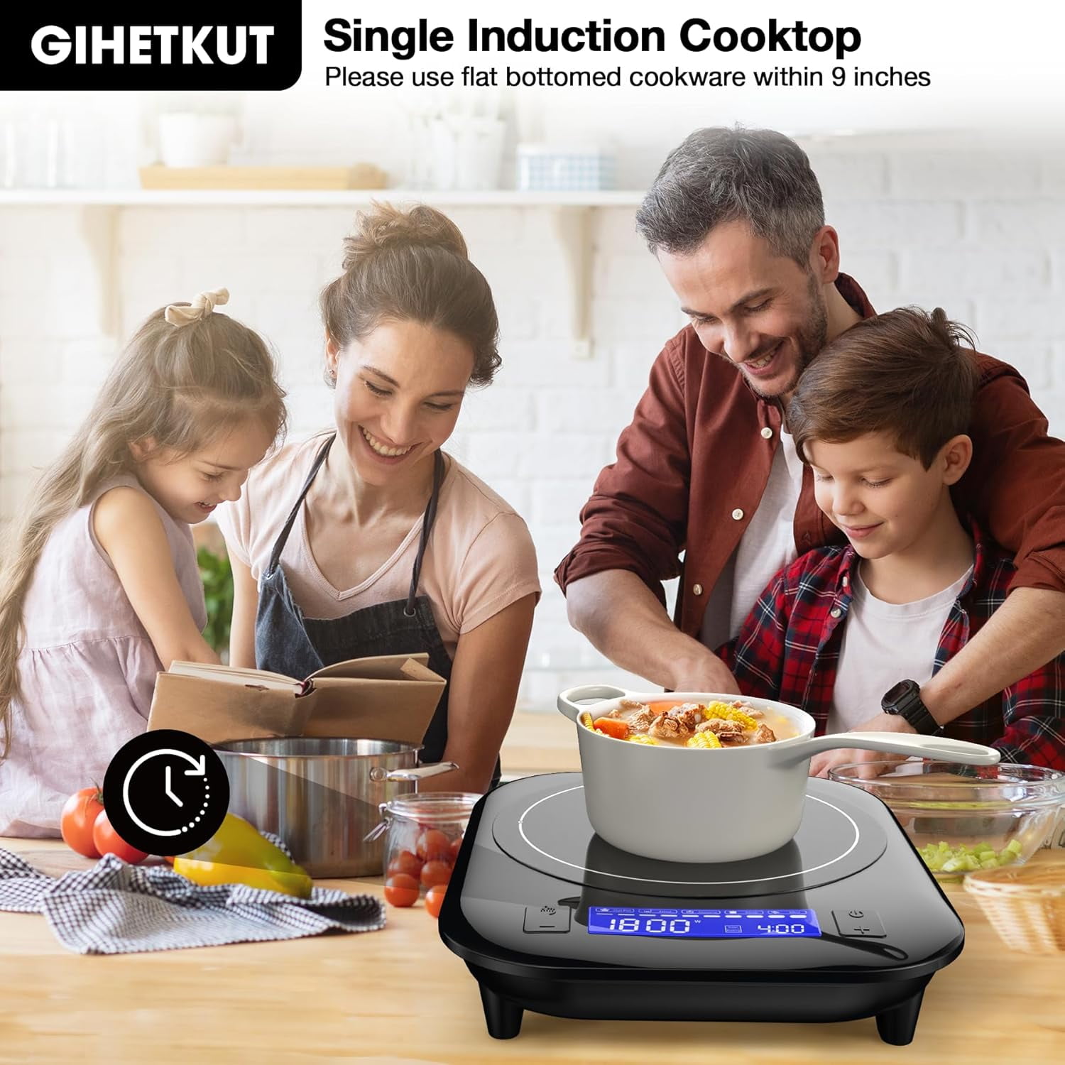 Single Induction Cooktop 1800W Electric with LCD Touch Control, 9 Temp Levels & Timer for Kitchen Dorm RV