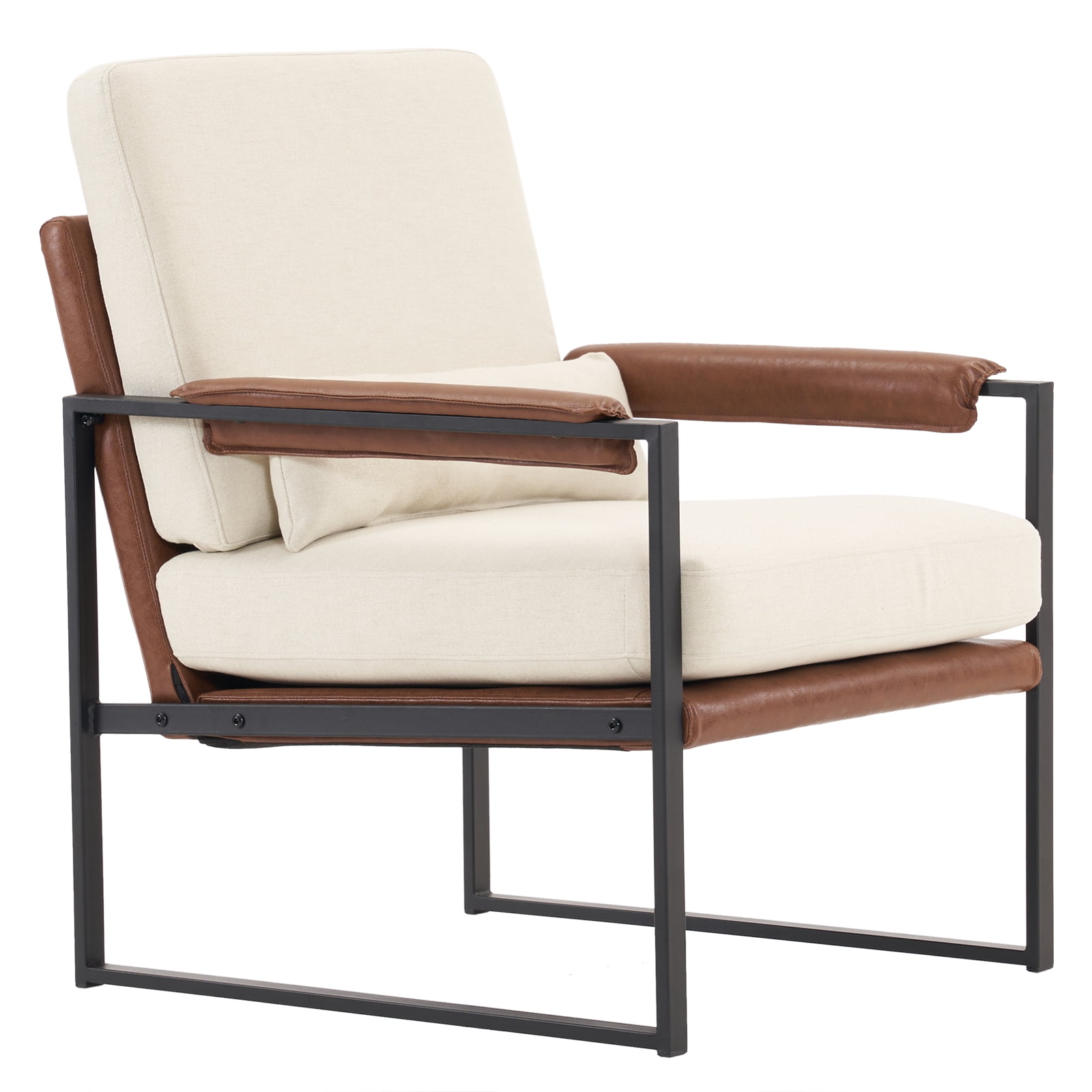 Single Iron Frame Chair Soft Cover Beige Brown Honeycomb Leather Armrest Frame Indoor Leisure Chair