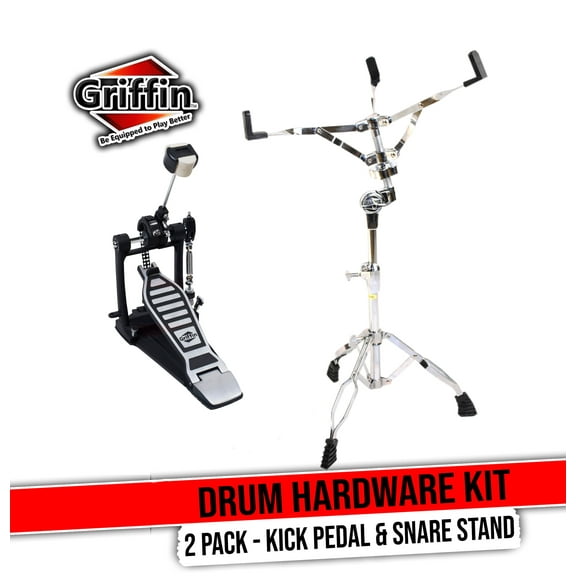 Single Kick Bass Drum Pedal & Snare Drum Stand Package (2-Piece Kit) by Griffin |Deluxe Double-Chain Foot Percussion Kit with 4-Sided Beater & Adjustable Power Cam System for Intense Play