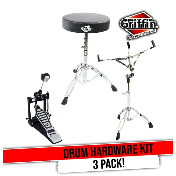 Single Kick Bass Pedal, Drum Throne & Snare Stand (3-Piece Set) by GRIFFIN | Double-Chain Foot Percussion Kit for Intense Play & Comfortable Drum Seat for Adults