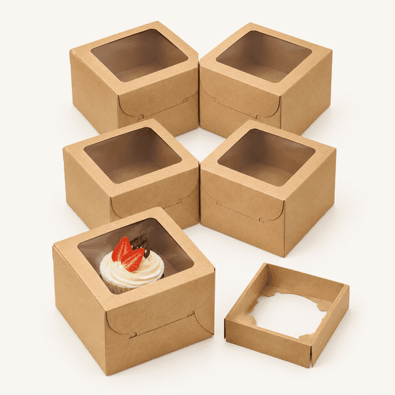 Single Kraft Cupcake Boxes with Window, 4.5x4.5x3 Inch