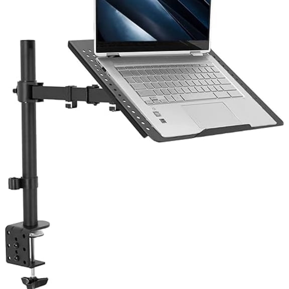 Single Laptop Notebook Desk Mount Stand, Fully Adjustable Extension with C-clamp, Fits up to 17 inch Laptops, Black