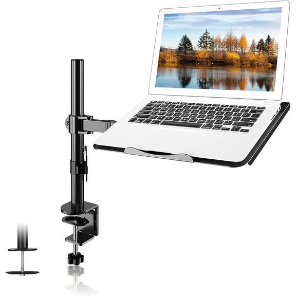 Single Laptop Notebook Desk Mount with Tray for 13-27 inch Computer Screen, Fully Adjustable Laptop Desk Arm for Notebook up to 17, Weight up to 15.6 lbs