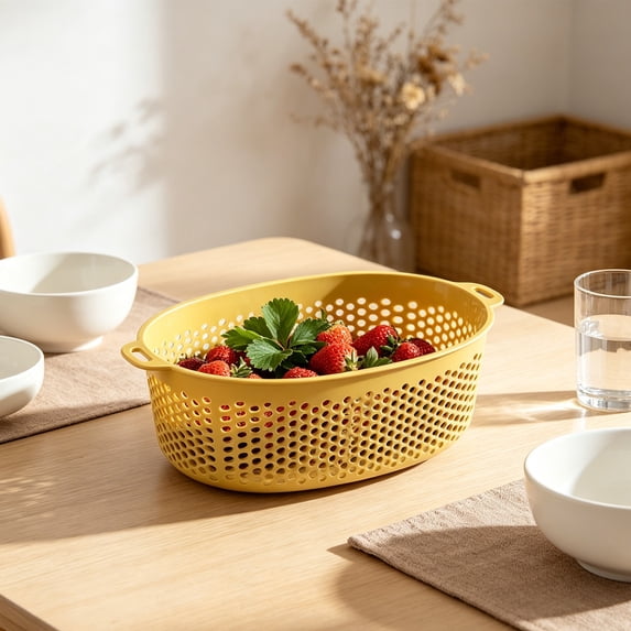 Single Layer Deep Oval Plastic Colander Thickened Construction with Double Handles Multipurpose Kitchen Vegetable Drain Filter Basket