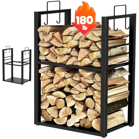 Firewood Rack Log Holder Storage Stand Indoor Outdoor Fireplace Wood Stacker, Black