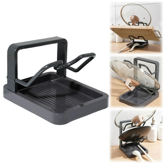 Single Layer Kitchen Pot Lid Storage Rack With Tray, Multifunctional Lid and Utensil Holder, Countertop Organizer Stand, Gray Plastic
