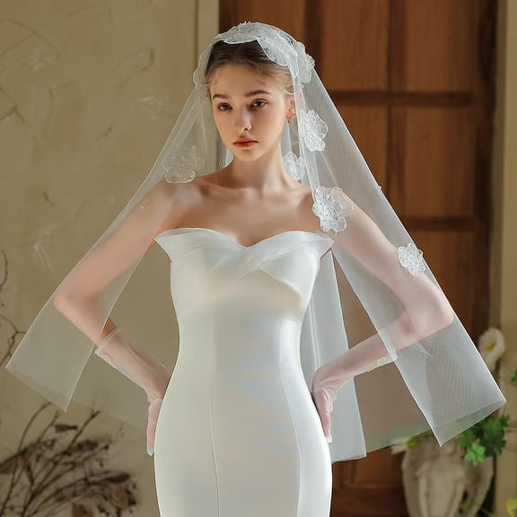 Single-Layer Lace Appliqu Bridal Veil - Minimalist Headpiece | Photo Prop & Proposal Prop 39.37*59.06in