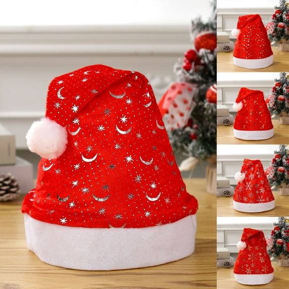 Single-Layer Red Velvet Christmas Hat with Foil Snowflake Print, Xmas Decorations, Holiday Party Wear Costume Accessory for Adults & Family