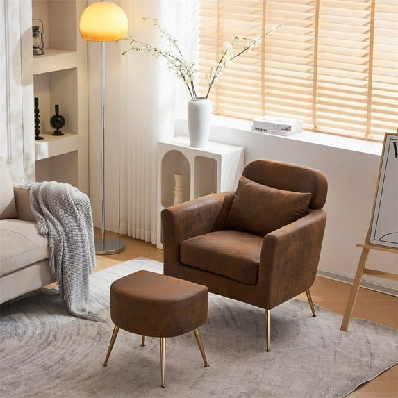 Single Leisure Chair with Footstool, Modern Sofa Chair with Gold Feet and Pedal, Upholstered Indoor Armchair with Solid Wood Frame for Living Room, Bedroom and Guest Room