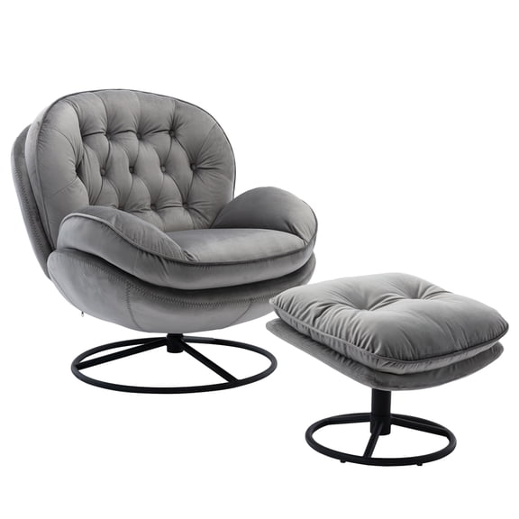Single Leisure Sofa Chair with Metal Base Frame & Footrest, Medieval Velvet Lounge Chair and Ottoman Set, Modern Lounge Chair with Ottoman, Suitable for Living Room, Bedroom and Game Room, Gray