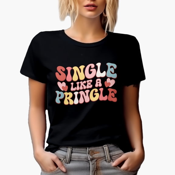 Single Like a Pringle, Groovy Wavy Text, Retro Valentine's Day Gift, Black T-Shirt, Small