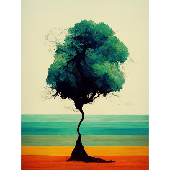 Single Lone Abstract Tree Colourful Bold Rainbow Striped Landscape Watercolour Illustration Extra Large XL Wall Art Poster Print
