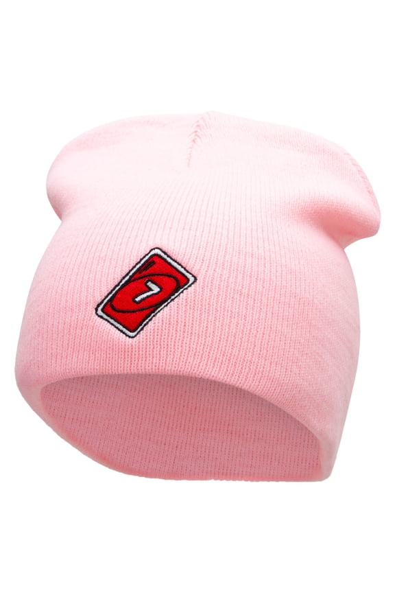 Single Lucky 7 Card Game Embroidered 8 Inch Short Beanie - Pink OSFM