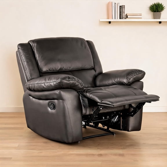 Single Manual Recliner Chair with Pillow Top Arms, Transitional Style, Black-Toned Leather Match