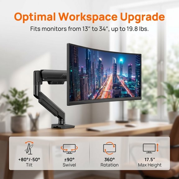 Single Monitor Arm, Fully Adjustable Monitor Mount for 1334 Inch Screens, Fast Install Computer Monitor Stand with Tool-Free VESA Mount, Cable Management, Holds 19.8 lbs, Max VESA 100x100mm