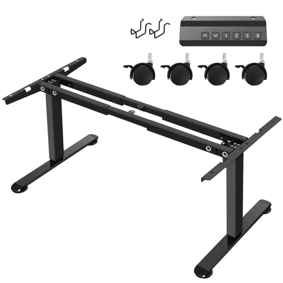 Single Motor Electric Standing Desk Frame with Wheels, Hook and Controller, 170lbs Capacity, Max 70" x 30" Desktop, Height Range 28"-45", Black(Frame Only)