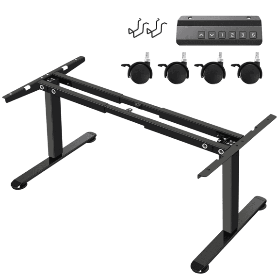 Legooin Electric Stand Up Desk Frame with Wheels, Hook and Controller, Single Motor, Height Adjustable 28"-45", Black(Frame Only)
