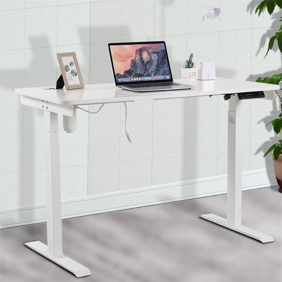 Single Motor Electric Standing Desk, Height Adjustable Stand Up Desk Frame, 47.2 x 23.6 Inches Sit Stand Table DIY Workstation with Ergonomic Heavy Duty Steel Frame For Home Office, White