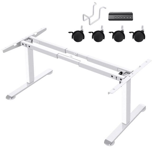Legooin Single Motor Standing Desk Frame Only, with Caster Controller and Hook, Height Adjustable Range 28"-45", White(Frame Only)