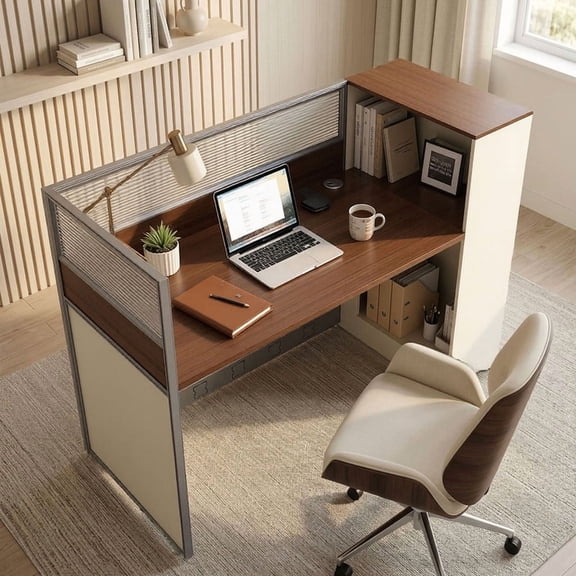 Single Office Cubicle Desk with Cable Grommet & Side Storage,Ergonomic Modular Cubicle Workstation with Privacy Panels for Call Centers,White1,L59in