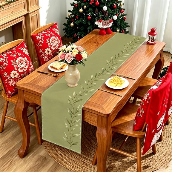 Single Olive Twig Pattern 2D Flat Print Polyester Table Runner, Kitchen Table Decor, Rustic Farmhouse Table Decor, 13x48/13x70/13x108 inch