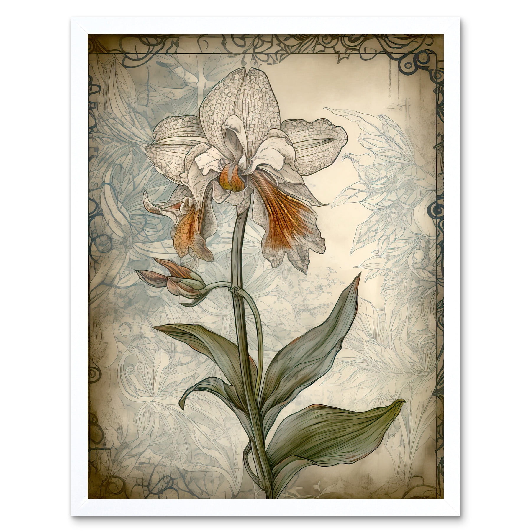 Single Orchid Flower Pastel Colour Art Nouveau Unframed Wall Art