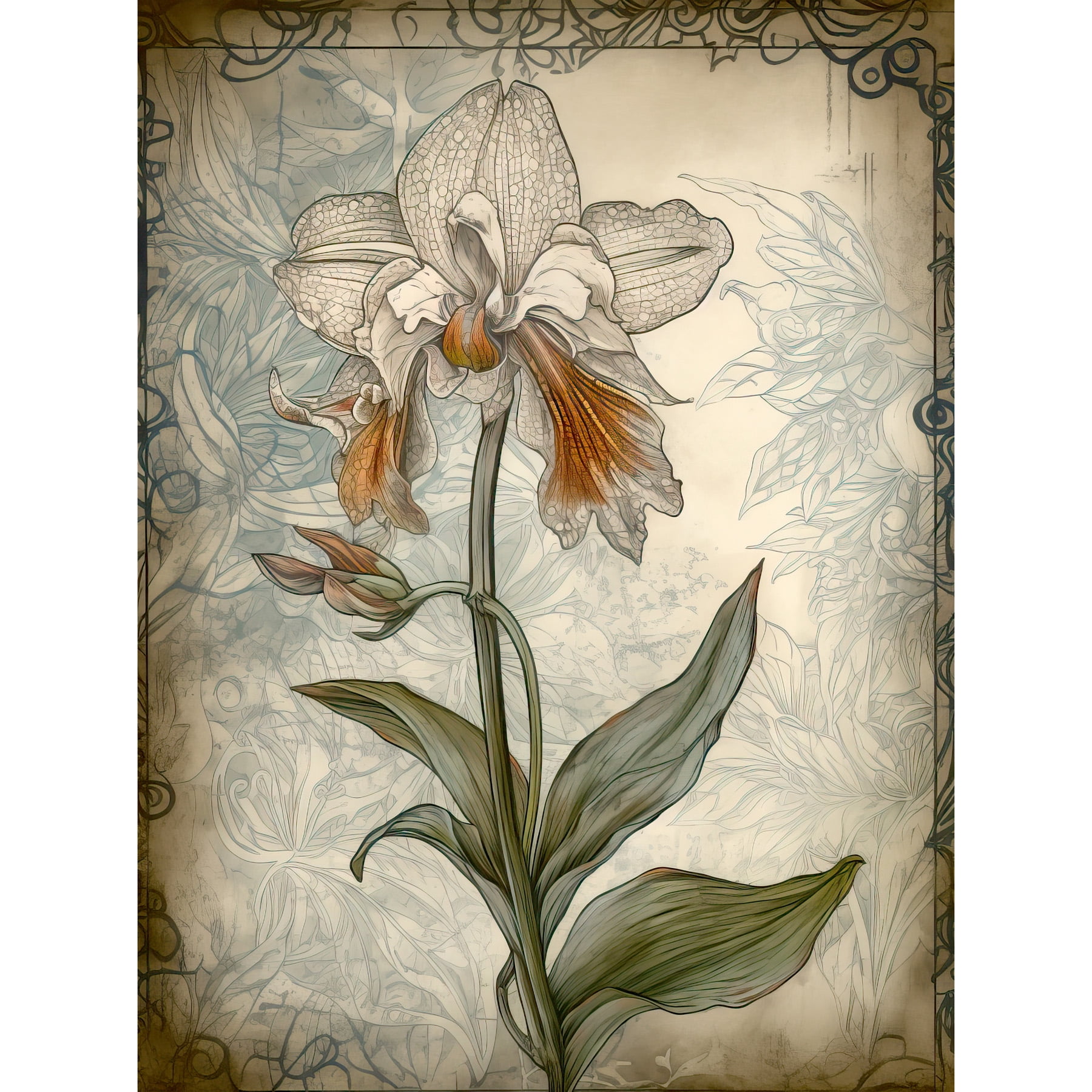Single Orchid Flower Pastel Colour Art Nouveau Unframed Wall