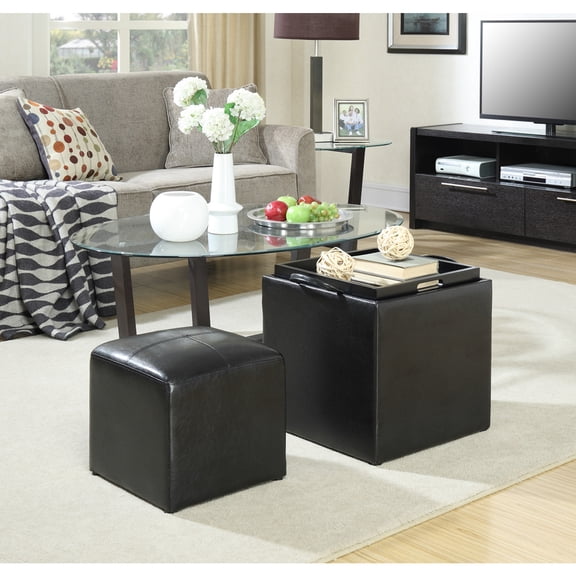 Single Ottoman with Storage, Faux Leather Footstool, Reversible Tray Cushion, Modern Accent Furniture