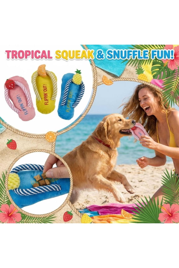 Single Pack Plush Squeaky Snuffle Interactive Pet Toy, Tropical Flip-Flop Design, Hide-And-Seek Treat Dispensing Toy For Engaging Play, Reducing Boredom For Family Pets, Ideal For