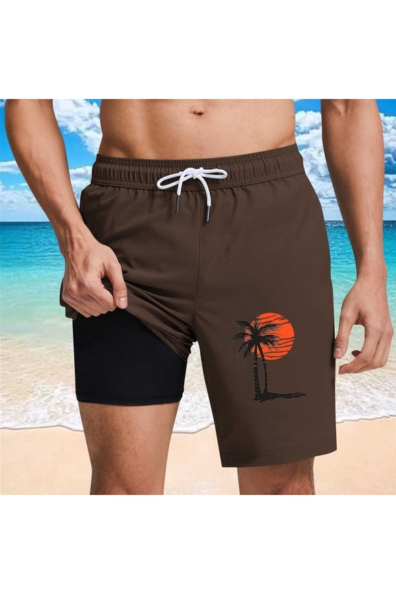 Single Palm Tree Sun Print Swim Shorts for Men Mid Rise Athletic Trunks Breathable Performance Bottoms 2-in-1 Design Vacation Beachwear