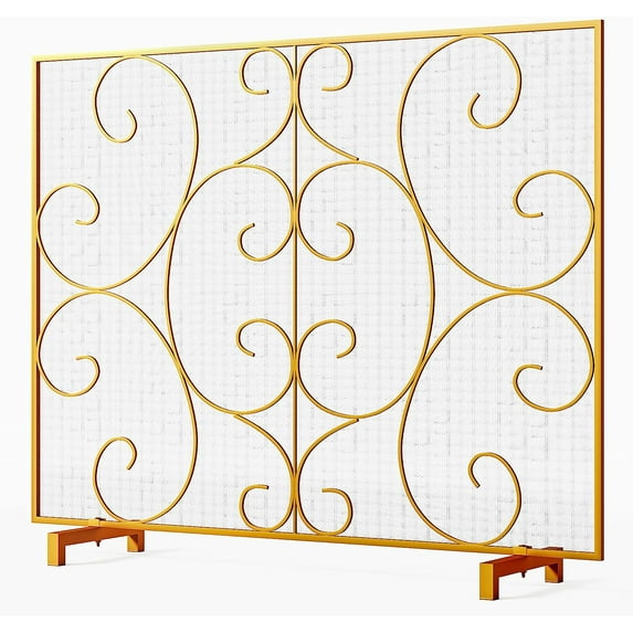 Single Panel Fireplace Screen Cover Handcrafted Solid Wrought Iron Mesh, Heat-Resistant Fire Spark Guard for Inside Fireplace-Gold
