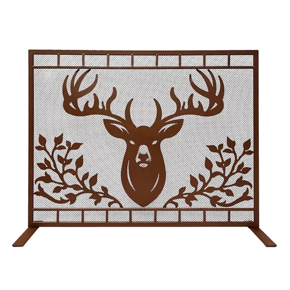 Single Panel Fireplace Screen Decorative with Stag Head Deer Detail - Stand Alone Fireplace Cover Metal Mesh Screen - Home Decor Firescreen for Cabin, Lodge, Wildlife, and Forest Theme
